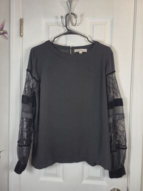 LOFT Black Lace Mixed Media Blouse Velvet Trim Mesh Sleeve Size M